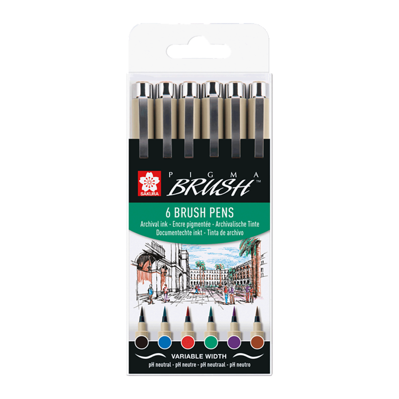 Sakura Pigma Brush perá so štetcovým hrotom - sada 6ks