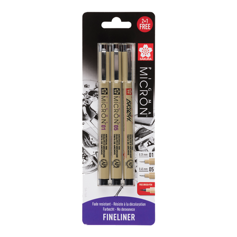 Sakura Pigma Micron® technické perá 01,05, Brush - sada 3ks v blistri