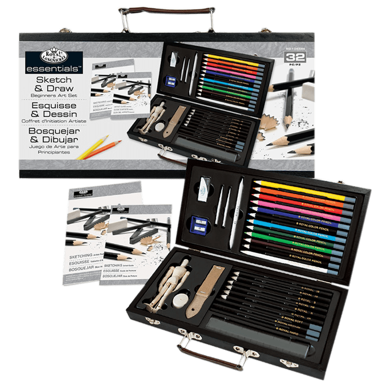 Sada na skicovanie a kreslenie v drevenom boxe pre začiatočníkov - sada 32 ks
